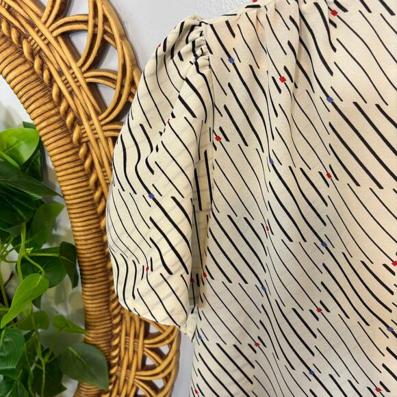 Vtg Josephine Blouse Diagonal Grid Print Puff Sleeve Button Top | Dark Winter - Picture 3 of 7